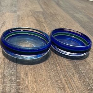 Vintage Nils Landgberg Sweden Swedish Orrefors Glass Bowl Stripe Blue Green